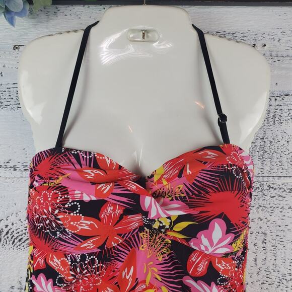 Sunshine Zone Red Floral Halter SwimsuitSz L (12/14) Tropical Retro Beach Ready - Picture 2 of 10